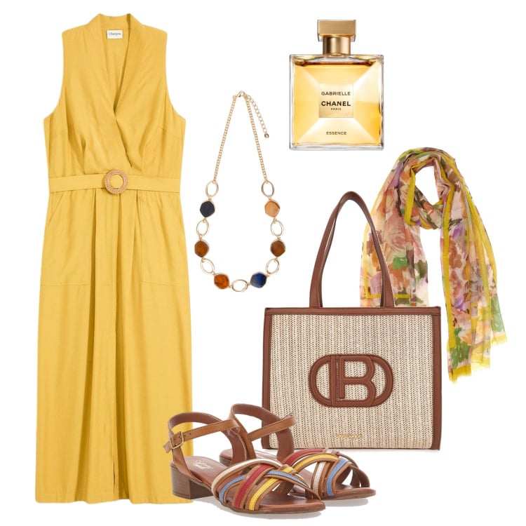 Outfit donna - Allure ocra. Stile Glamour per Tutti i giorni. Abbinamento con vestiti, profumi, sandali col tacco, sciarpe, collane, borse a spalla.