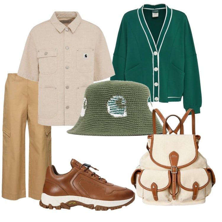Outfit donna - In vacanza in montagna. Stile Casual per Tutti i giorni. Abbinamento con sneakers, zaini, pantaloni cargo, cappelli, cardigans, camicie a manica corta.