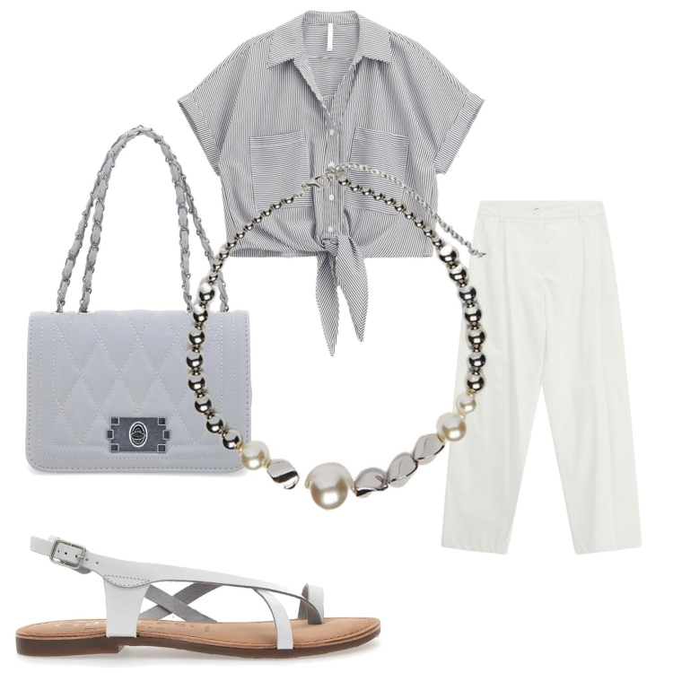 Outfit donna - Total look #2216394. Stile Casual chic per Tutti i giorni. Abbinamento con pantaloni, camicie a manica corta, sandali, borse a tracolla, collane.
