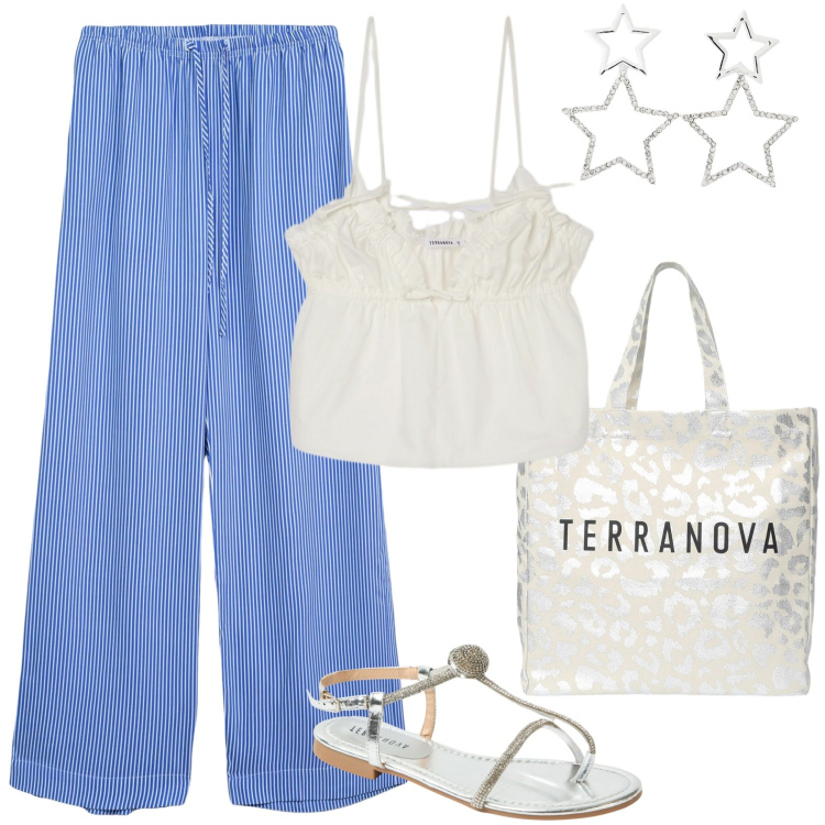 Outfit donna - Terranova: perfetta in città o al mare. Stile Basic per Tutti i giorni. Abbinamento con pantaloni, canottiere, borse tote, orecchini, ciabatte.