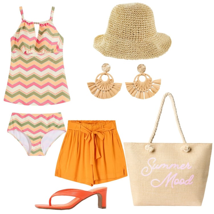 Outfit donna - AranciAmi 3 La vacanza. Stile Etnico per Mare. Abbinamento con costumi interi, cappelli, orecchini, infradito, shorts, borse tote.