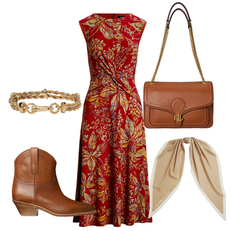 Outfit donna - Con fantasia. Stile Boho per Serata fuori. Abbinamento con vestiti, borse a spalla, braccialetti, foulard, stivaletti.