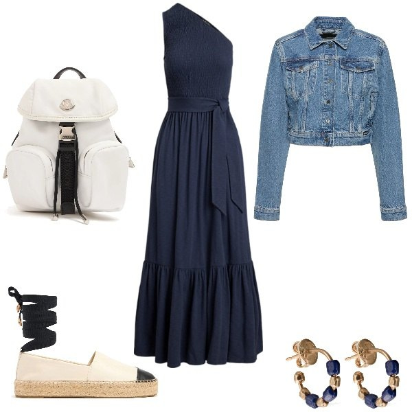 Outfit donna - romantica praticità. Stile Casual chic per Mare. Abbinamento con vestiti asimmetrici, borse a tracolla, orecchini, blazer, espadrillas.