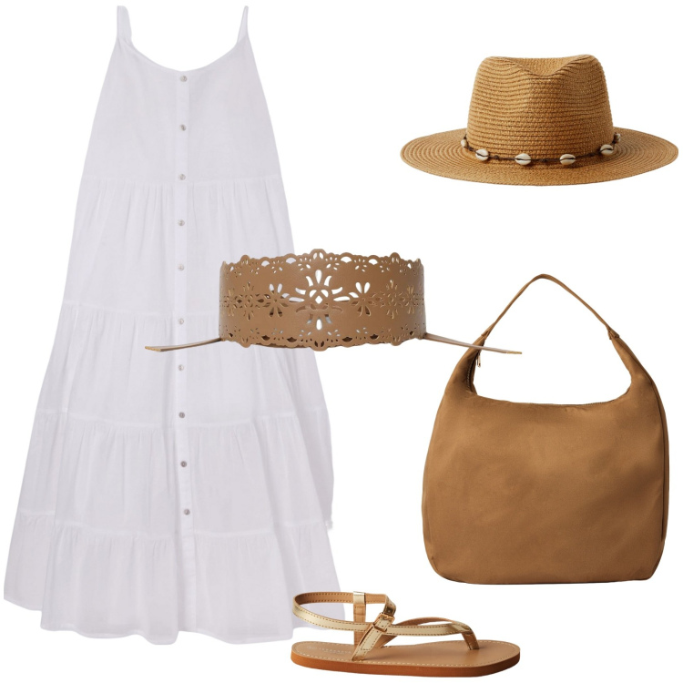 Outfit donna - Terranova: perfetta in città o al mare. Stile Boho per Tutti i giorni. Abbinamento con cinture, vestiti lunghi, borse a mano, cappelli, ciabatte.