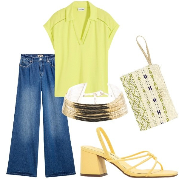 Outfit donna - Serata tra amici. Stile Casual per Tutti i giorni. Abbinamento con sandali col tacco, jeans, polo, braccialetti, pochette.