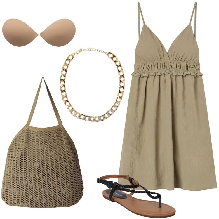 Outfit donna - Terranova: perfetta in città o al mare. Stile Basic per Tutti i giorni. Abbinamento con vestiti corti, ciabatte, collane, reggiseni, borse tote.