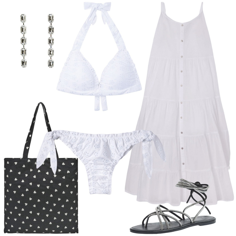 Outfit donna - Terranova - vacanze in riviera. Stile Romantica per Mare. Abbinamento con vestiti lunghi, borse tote, sandali alla schiava, bikini, orecchini, bikini.