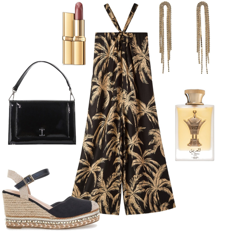 Outfit donna - Evento spiaggia/eleganza e comodita. Stile Trendy per Tutti i giorni. Abbinamento con profumi, rossetti, tute, orecchini, borse a tracolla, zeppe.
