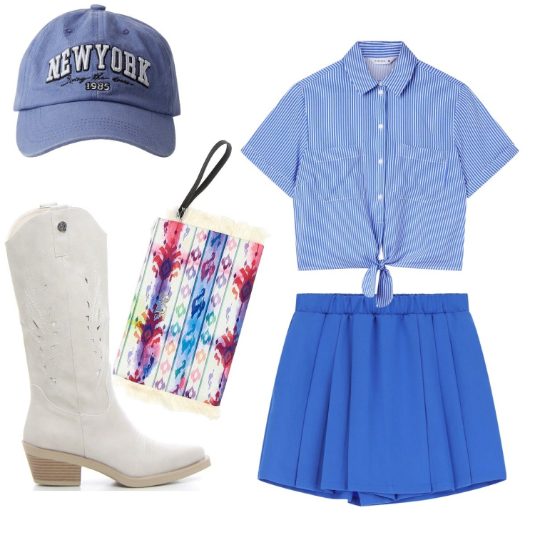Outfit donna - Stile college. Stile Bon Ton per Tutti i giorni. Abbinamento con camicie a manica corta, cappelli, gonne, pochette, stivali.