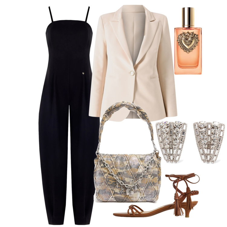 Outfit donna - Occasione formale. Stile Chic per Serata fuori. Abbinamento con profumi, tute, blazer, sandali col tacco, orecchini, borse a spalla.