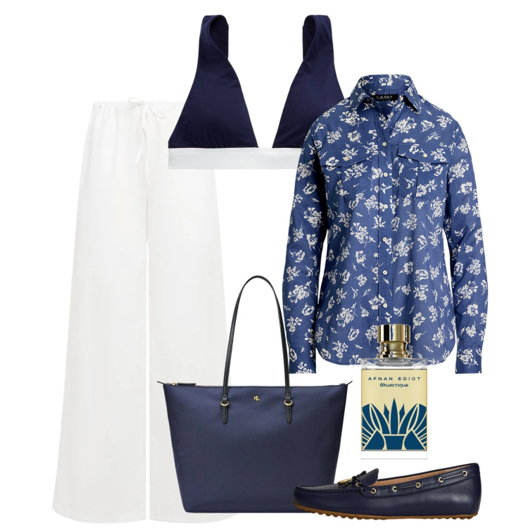 Outfit donna - Il top a costume. Stile Basic per Tutti i giorni. Abbinamento con profumi, borse tote, camicie, mocassini, top, pantaloni.
