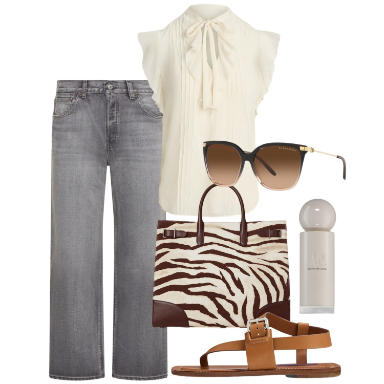 Outfit donna - Bon ton informale. Stile Casual chic per Tutti i giorni. Abbinamento con profumi, occhiali da sole, sandali in pelle, borse tote, camicie a manica corta, jeans.