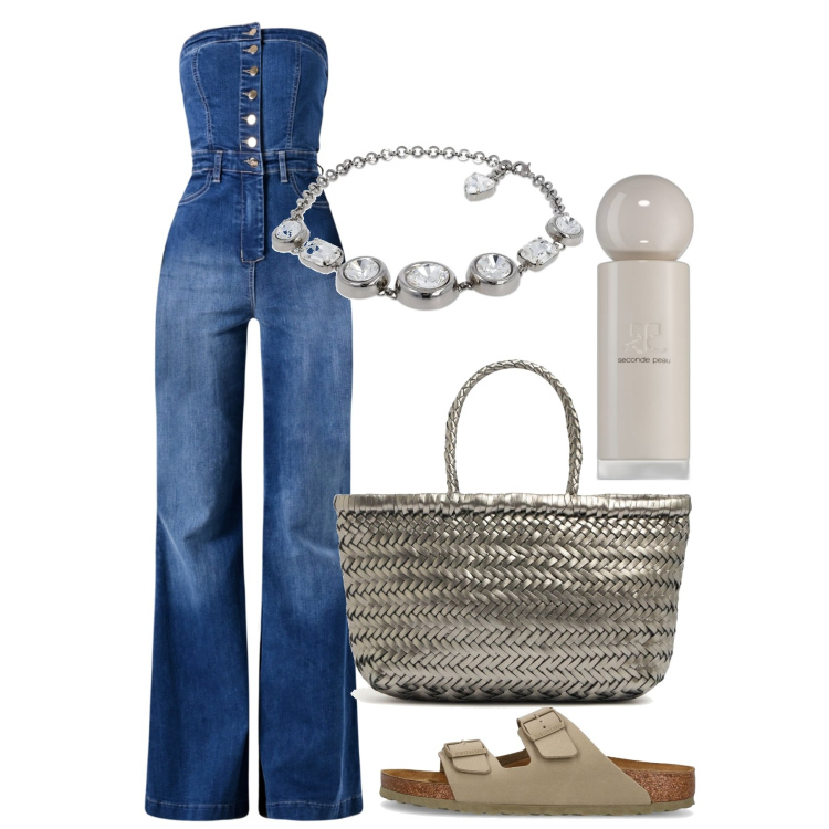 Outfit donna - Jumpsuit strapless in denim. Stile Chic per Serata fuori. Abbinamento con profumi, tute, collane, sandali, borse a mano.