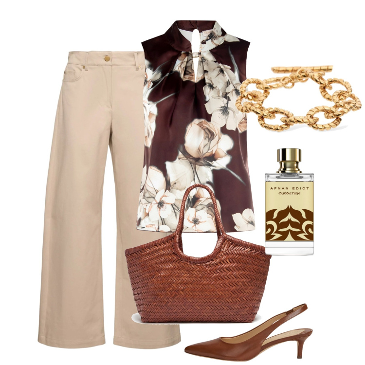 Outfit donna - Ufficio in agosto. Stile Casual chic per Ufficio. Abbinamento con profumi, top, décolleté, shopping bag, braccialetti, jeans.