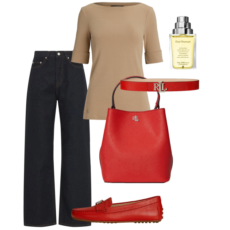 Outfit donna - Red touch. Stile Bon Ton per Ufficio. Abbinamento con profumi, t-shirt, borse a secchiello, mocassini, cinture, jeans.