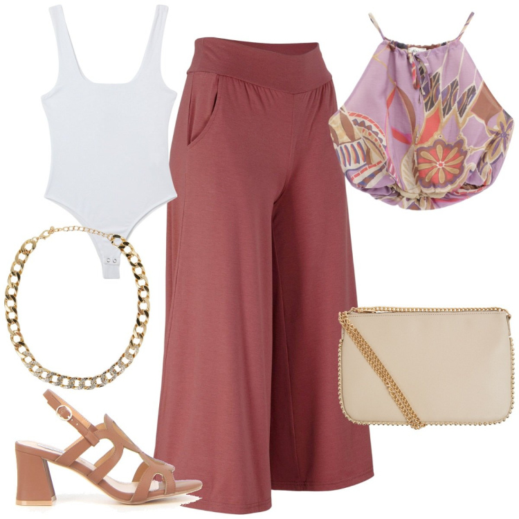 Outfit donna - Pantaloni culotte. Stile Casual chic per Tutti i giorni. Abbinamento con pantaloni culotte, borse a tracolla, body, collane, top, sandali col tacco.