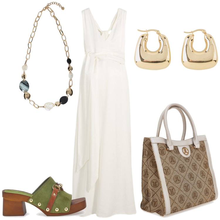 Outfit donna - Freschezza in lungo. Stile Casual per Mare. Abbinamento con vestiti, orecchini, collane, zoccoli, borse a spalla.