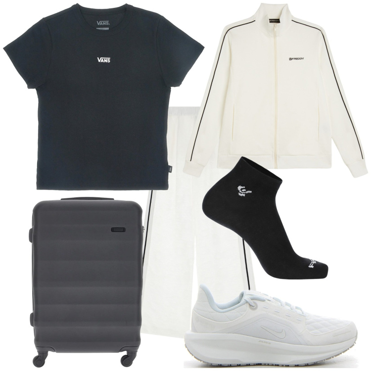 Outfit donna - Partenza relax. Stile Casual per Tutti i giorni. Abbinamento con pantaloni a palazzo, calzini, felpe sportive, t-shirt, scarpe sportive, valigie.