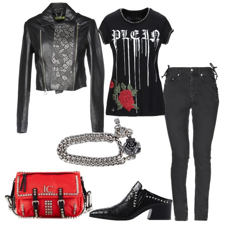 Outfit donna - Rosa e croce. Stile Rock per Tutti i giorni. Abbinamento con t-shirt senza tasche collo tondo a maniche corte in cotone jersey, sabot con stampa e borchie con tacco squadrato e punta quadrata tinta unita, giubbotto con borchie collo classico a maniche lunghe con zip interno foderato in pelle sintetica tinta unita, jeans slim fit, borsa a tracolla con borchie e zip rosso, bracciale 100% nichel fatto a mano rosa.