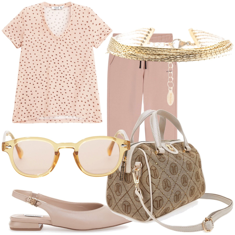 Outfit donna - Fresca stamattina in ufficio. Stile Urban per Ufficio. Abbinamento con t-shirt, occhiali da sole, pantaloni, braccialetti, ballerine, borse a mano.