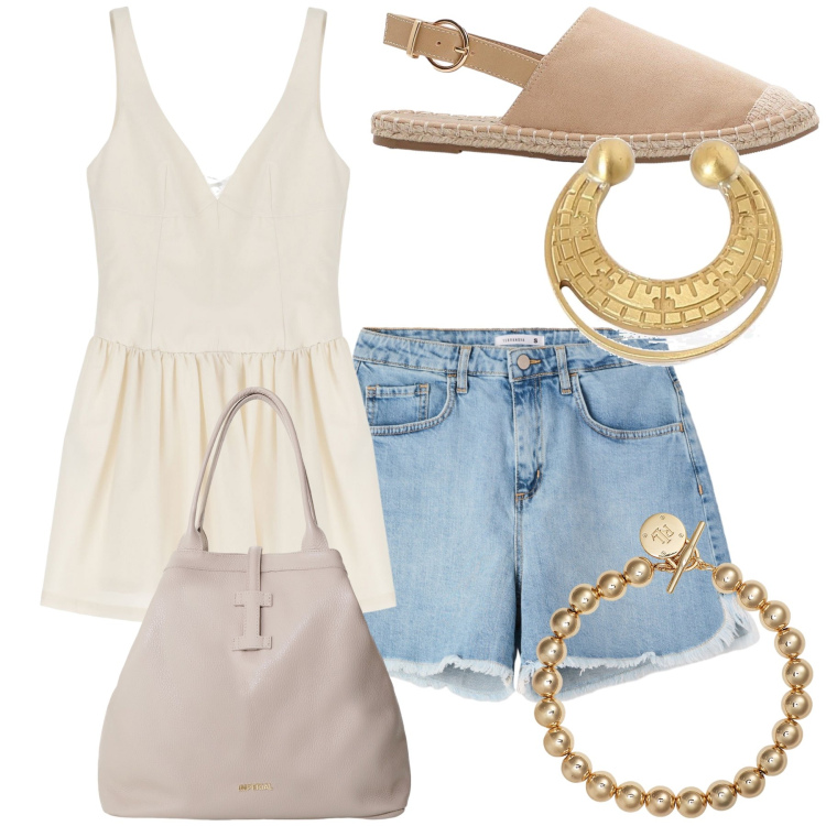 Outfit donna - Un salto al bar. Stile Sporty chic per Tutti i giorni. Abbinamento con espadrillas, shorts, vestiti corti, borse tote, braccialetti, orecchini.