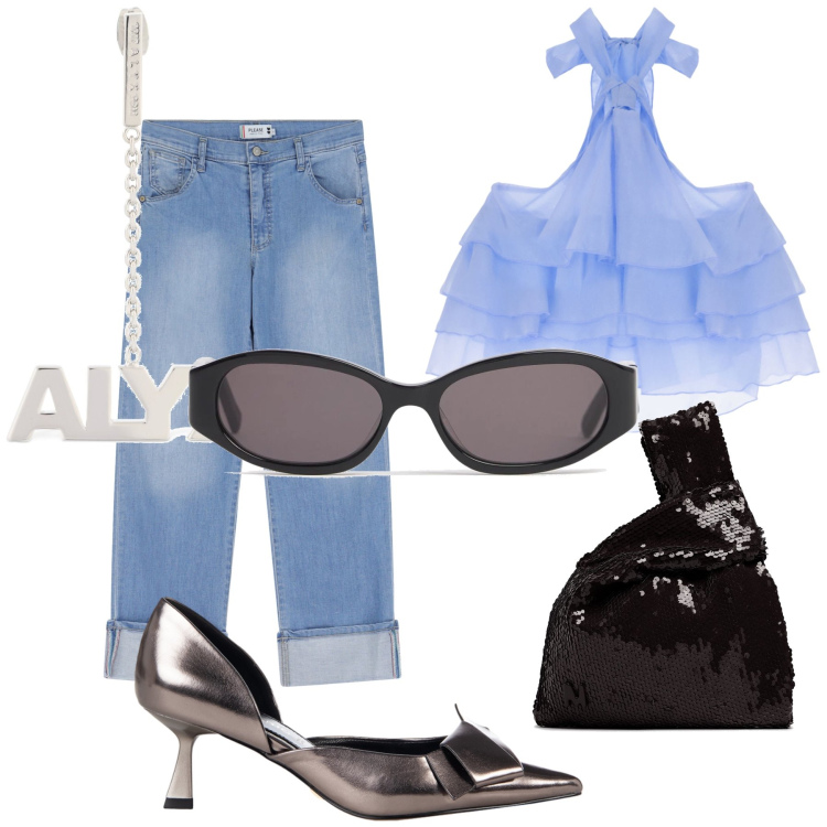 Outfit donna - Aperitivo in jeans e top wow. Stile Glamour per Serata fuori. Abbinamento con décolleté, jeans dritti, top, orecchini, pochette, occhiali da sole.