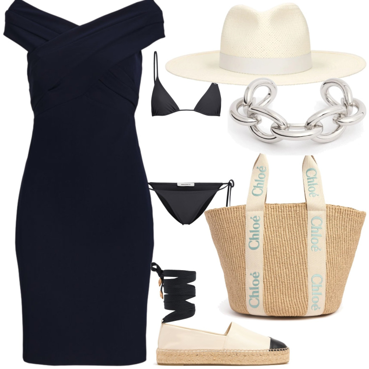 Outfit donna - Col tubino in spiaggia tutto il giorno. Stile Glamour per Mare. Abbinamento con vestiti, espadrillas, shopping bag, cappelli, braccialetti, bikini.
