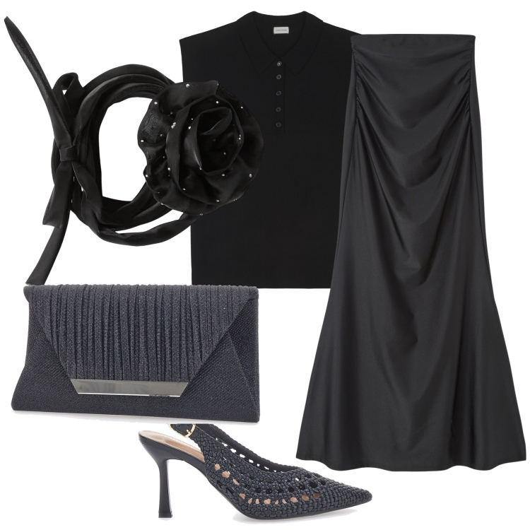 Outfit donna - La collana fa il look. Stile Chic per Serata fuori. Abbinamento con gonne lunghe, collane, décolleté, pochette, polo.