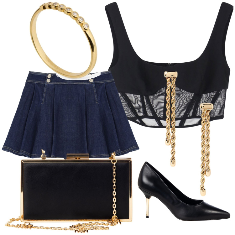 Outfit donna - Serata mini. Stile Sexy per Serata fuori. Abbinamento con décolleté, pochette, minigonne, top, orecchini, anelli.