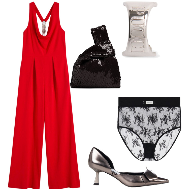 Outfit donna - Tuta da sera. Stile Glamour per Serata fuori. Abbinamento con tute, décolleté, slip, orecchini, pochette.