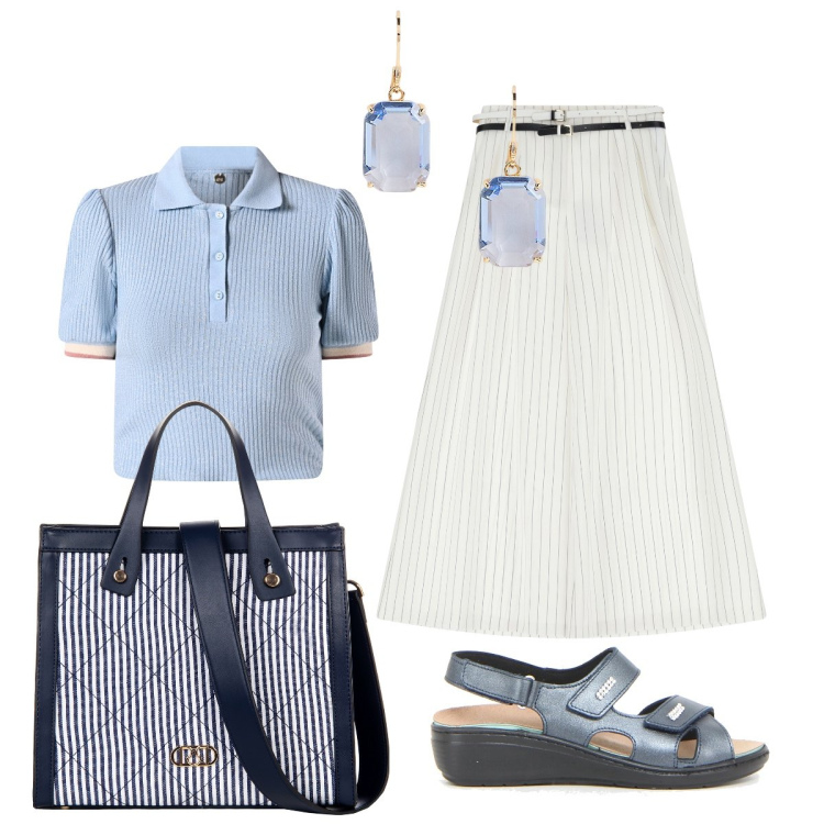 Outfit donna - Sandali azzurro. Stile Casual chic per Tutti i giorni. Abbinamento con polo, shopping bag, pantaloni a palazzo, orecchini, sandali.