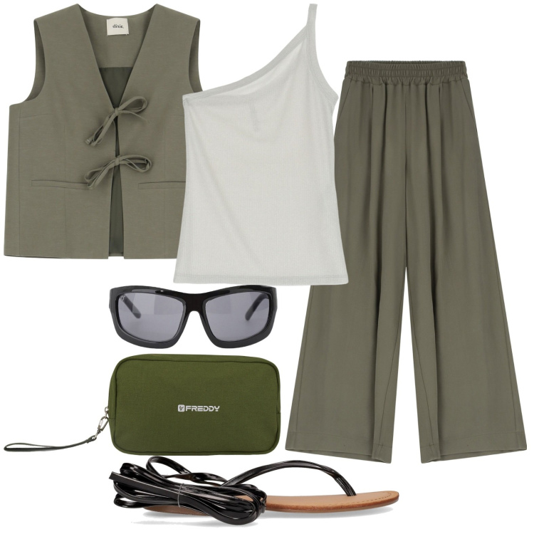 Outfit donna - Sandali estivi: estate ai tuoi piedi. Stile Military per Ufficio. Abbinamento con top, occhiali da sole, pantaloni, valigie, gilet, sandali alla schiava.