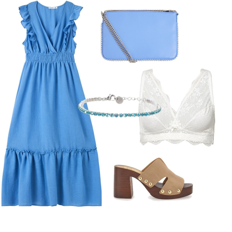 Outfit donna - La bralette strategica. Stile Bon Ton per Tutti i giorni. Abbinamento con bralette, vestiti lunghi, borse a tracolla, braccialetti, sabot.