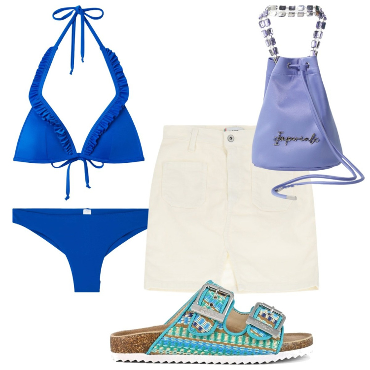 Outfit donna - Sandali estivi e bikini abbinati. Stile Trendy per Mare. Abbinamento con bikini, bikini, minigonne, borse a secchiello, sandali.