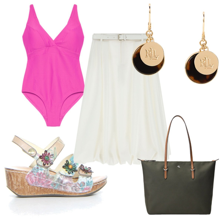 Outfit donna - Sandali estivi : l\'estate al mare. Stile Trendy per Mare. Abbinamento con gonne longuette, borse tote, orecchini, costumi interi, sandali.