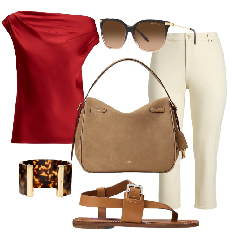 Outfit donna - Sandali estivi: estate ai tuoi piedi. Stile Minimal per Ufficio. Abbinamento con jeans dritti, occhiali da sole, sandali in pelle, top, borse a mano, braccialetti.
