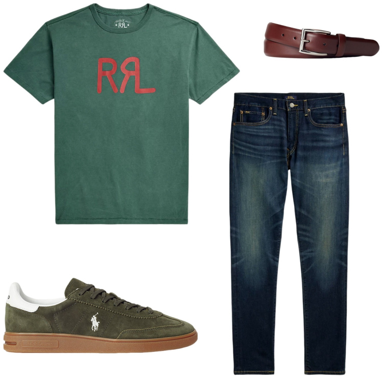 Outfit uomo - Ralph Lauren. Stile Casual per Ufficio. Abbinamento con cinture, jeans, sneakers, t-shirt.