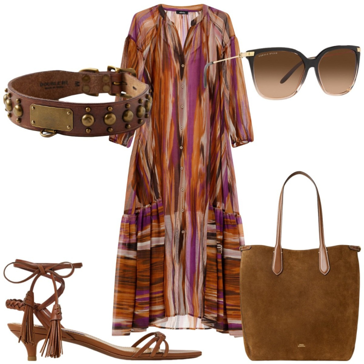 Outfit donna - Sandali estivi con maxi dress etnico. Stile Etnico per Tutti i giorni. Abbinamento con vestiti lunghi, borse tote, occhiali da sole, sandali col tacco, anelli.