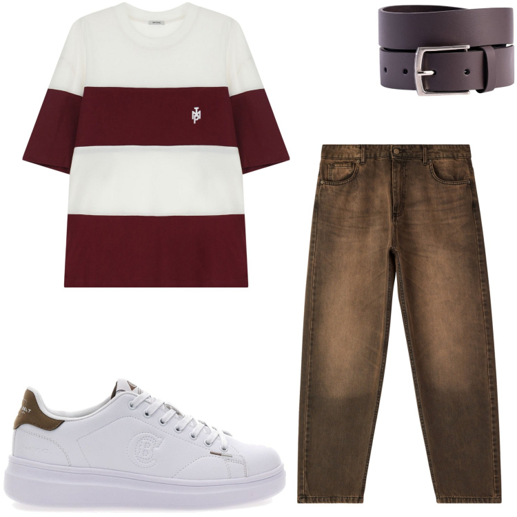 Outfit uomo - T-shirt rigata. Stile Casual per Tutti i giorni. Abbinamento con jeans, t-shirt, cinture, sneakers.