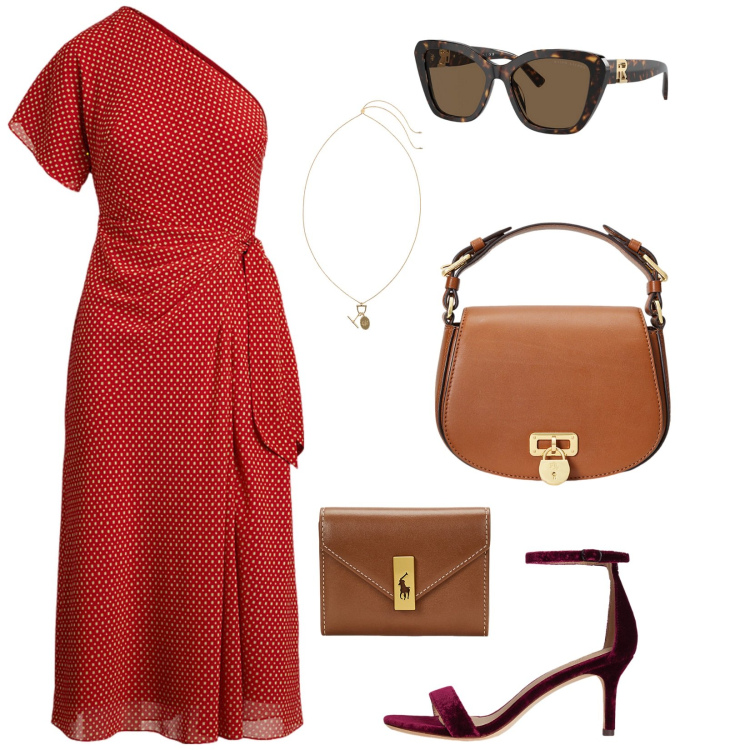 Outfit donna - L\' estate addosso. Stile Casual chic per Cerimonia. Abbinamento con vestiti asimmetrici, borse a tracolla, occhiali da sole, portafogli, sandali in pelle, ciondoli.