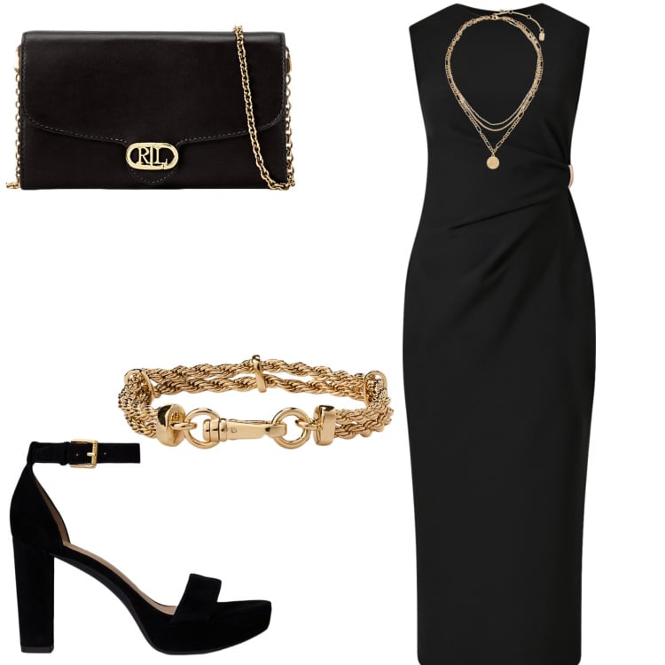Outfit donna - Sandali estivi. Stile Chic per Serata fuori. Abbinamento con vestiti a tubino, braccialetti, borse a tracolla, sandali, ciondoli.