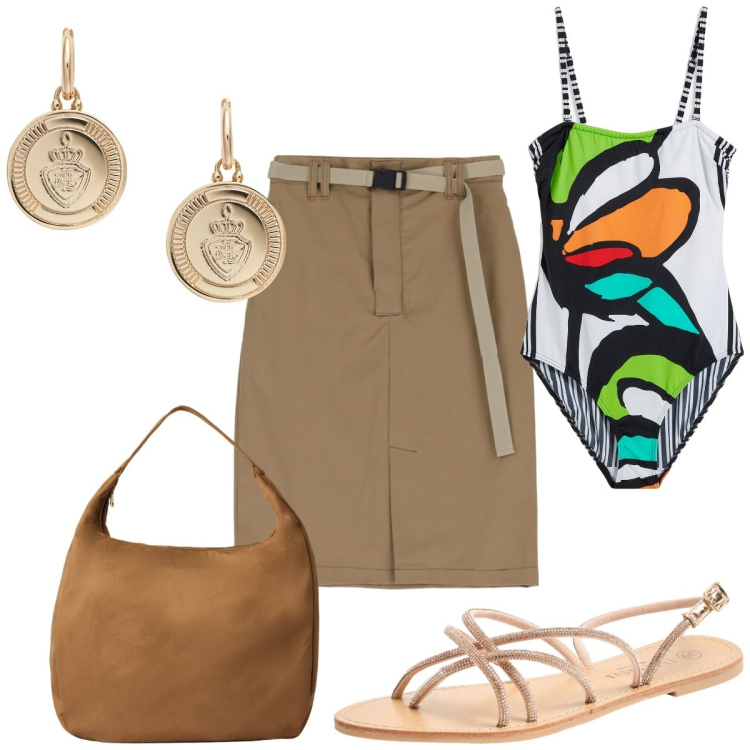 Outfit donna - Total look #2216520. Stile Trendy per Mare. Abbinamento con costumi interi, sandali, borse a mano, gonne, orecchini.
