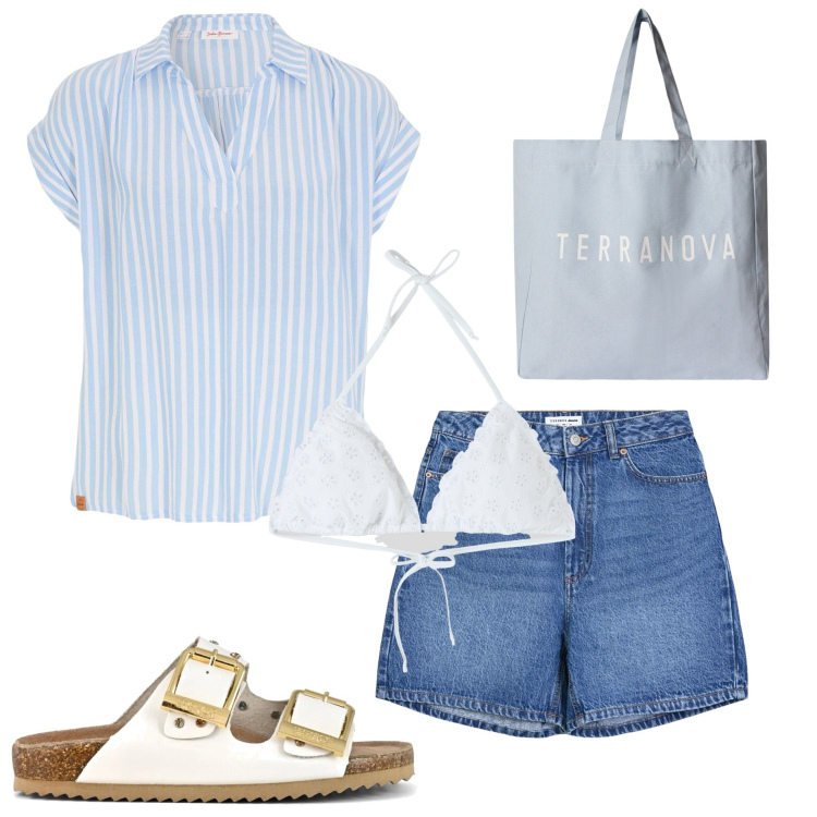 Outfit donna - Sandali estivi. Stile Casual per Mare. Abbinamento con bluse, bermuda, bikini, borse tote, sandali.