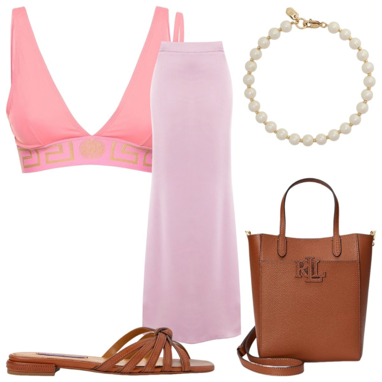 Outfit donna - Total look #2216524. Stile Chic per Mare. Abbinamento con gonne lunghe, sandali in pelle, borse tote, braccialetti, bikini.
