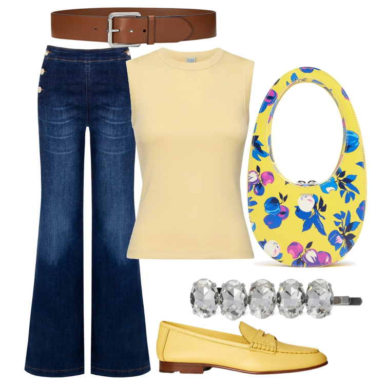 Outfit donna - Un gelato con un\' amica. Stile Casual per Tutti i giorni. Abbinamento con jeans, cinture, mocassini, borse a mano, accessori per capelli, canottiere.