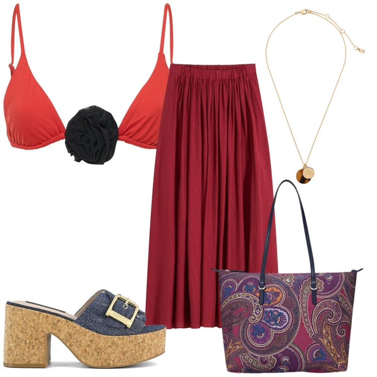 Outfit donna - Total look #2216534. Stile Etnico per Mare. Abbinamento con gonne lunghe, borse tote, collane, sandali, bikini.