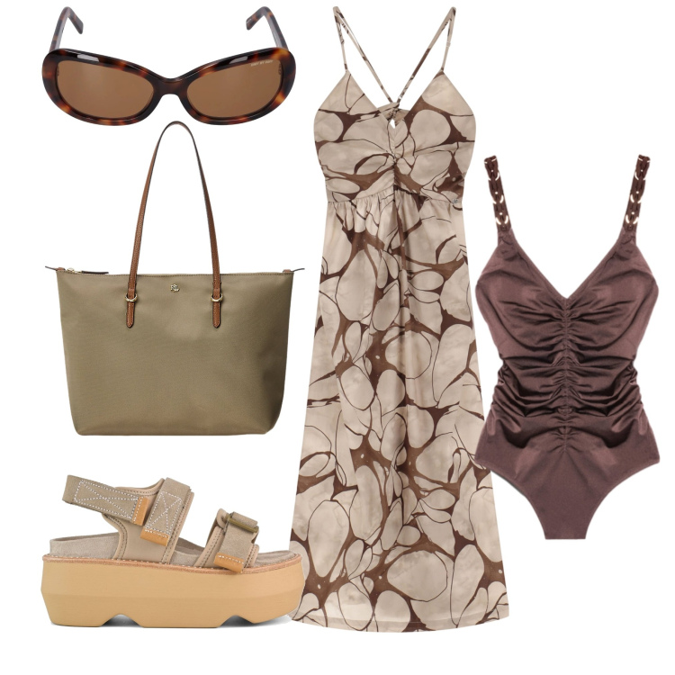 Outfit donna - Andando al mare. Stile Trendy per Mare. Abbinamento con vestiti lunghi, borse tote, sandali col tacco, costumi interi, occhiali da sole.
