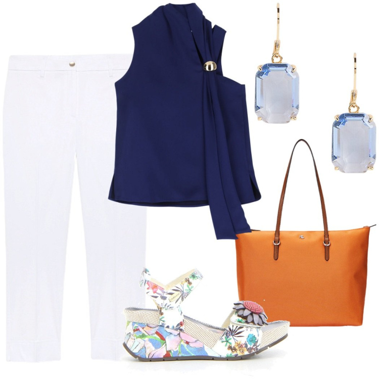 Outfit donna - Total look #2216539. Stile Casual chic per Tutti i giorni. Abbinamento con top, borse tote, orecchini, pantaloni chino, sandali.