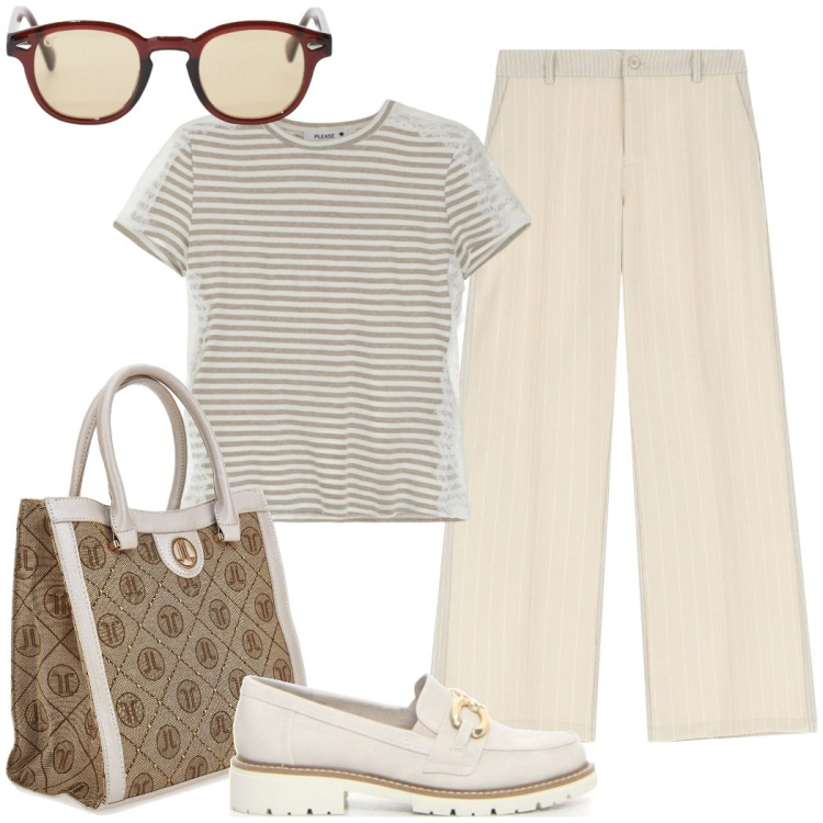 Outfit donna - In ufficio. Stile Casual chic per Ufficio. Abbinamento con pantaloni, t-shirt, occhiali da sole, mocassini, borse a spalla.