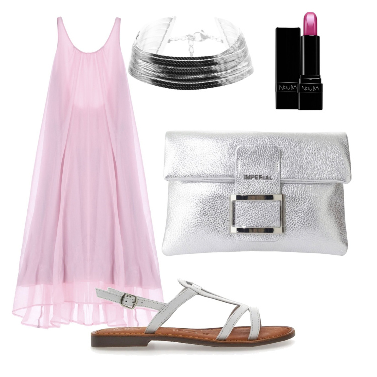 Outfit donna - Una sera d\'estate. Stile Casual chic per Serata fuori. Abbinamento con rossetti, vestiti lunghi, pochette, braccialetti, sandali in pelle.